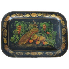 Vintage Folk Art Toleware Peacock and Still Life Fruit Tray Hand Painted Metal