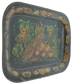 Vintage Folk Art Toleware Peacock and Still Life Fruit Tray Hand Painted Metal