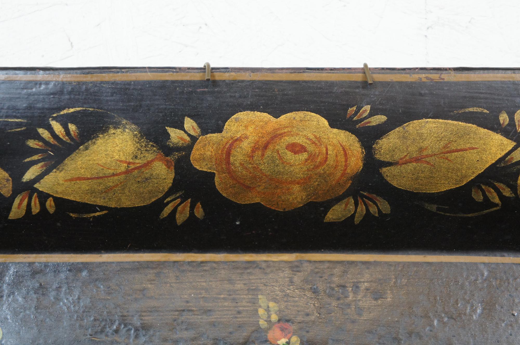 Vintage Folk Art Toleware Peacock and Still Life Fruit Tray Hand Painted Metal In Good Condition In Dayton, OH