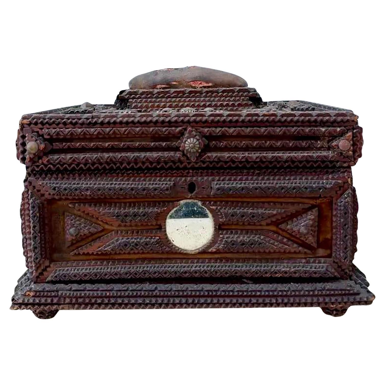 Caja Vintage Folk Art Tramp Art Con Detalle De Espejo