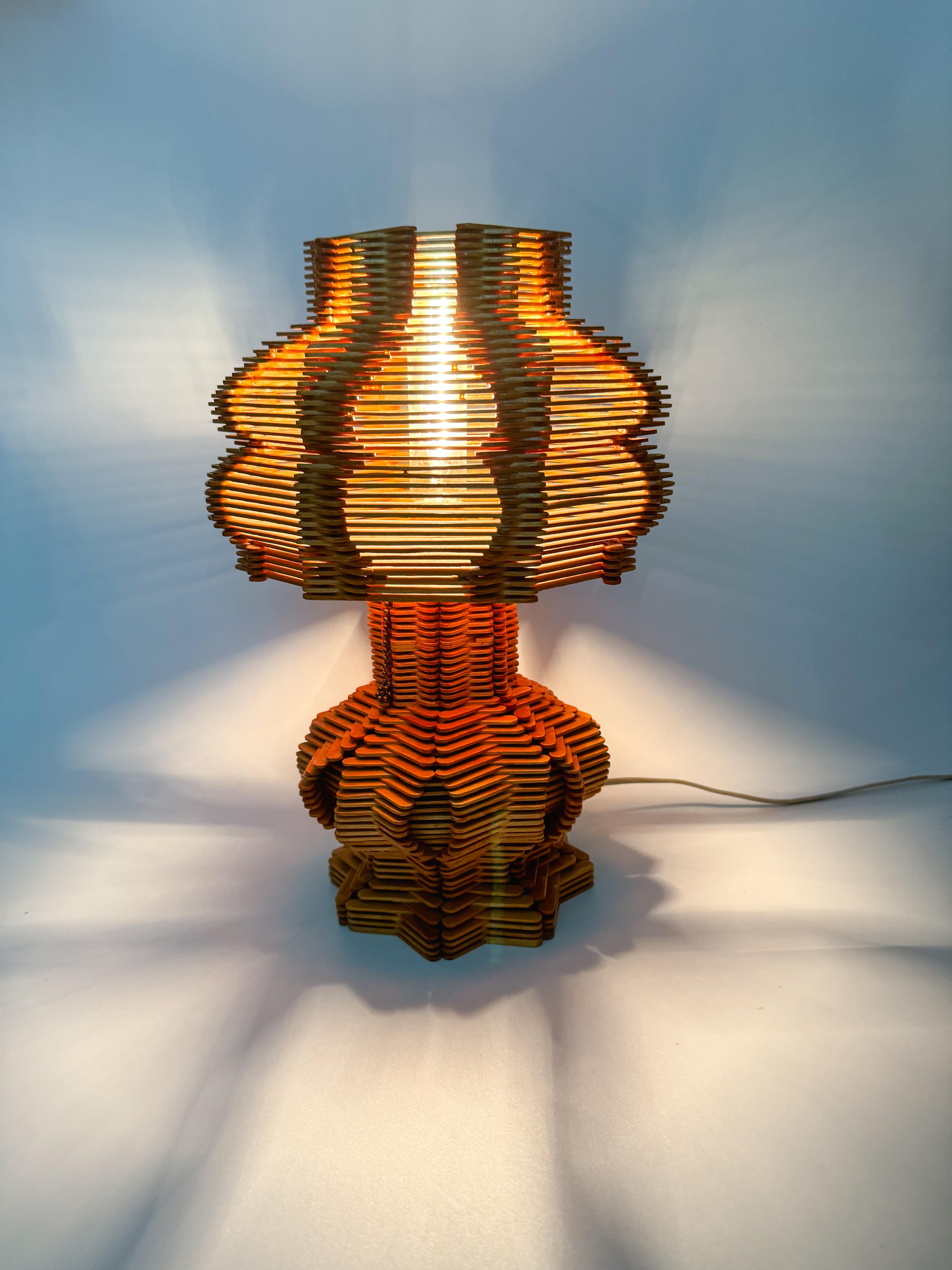 Wood Vintage Folk Art Tramp Art Popsicle Stick Table Lamp with Matched Shade