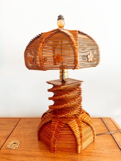 Vintage Folk Art Tramp Art Popsicle Stick Table Lamp with Matched Shade Mcm