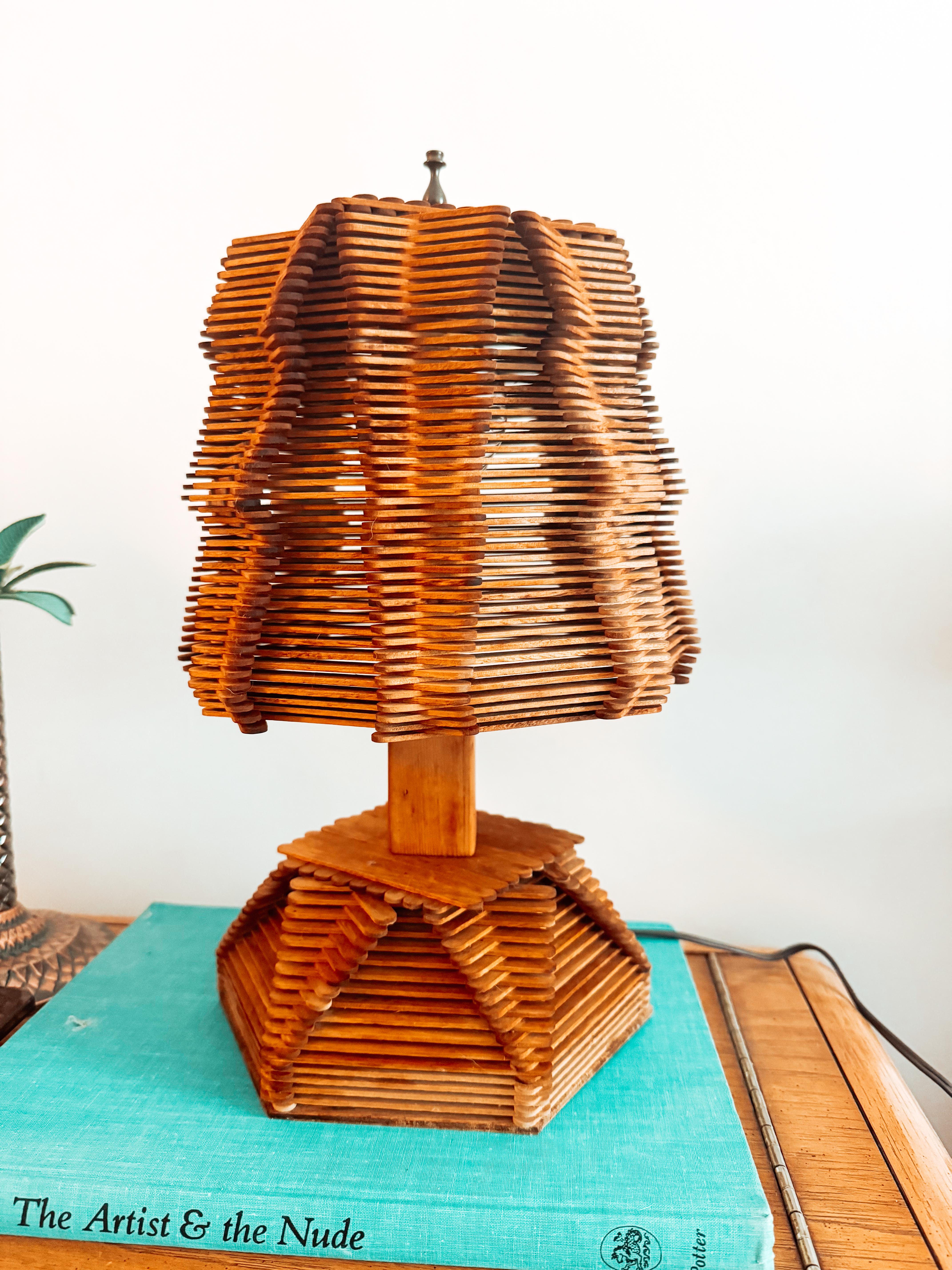American Vintage Folk Art Tramp Art Popsicle Stick Table Lamp with Matched Shade Mcm