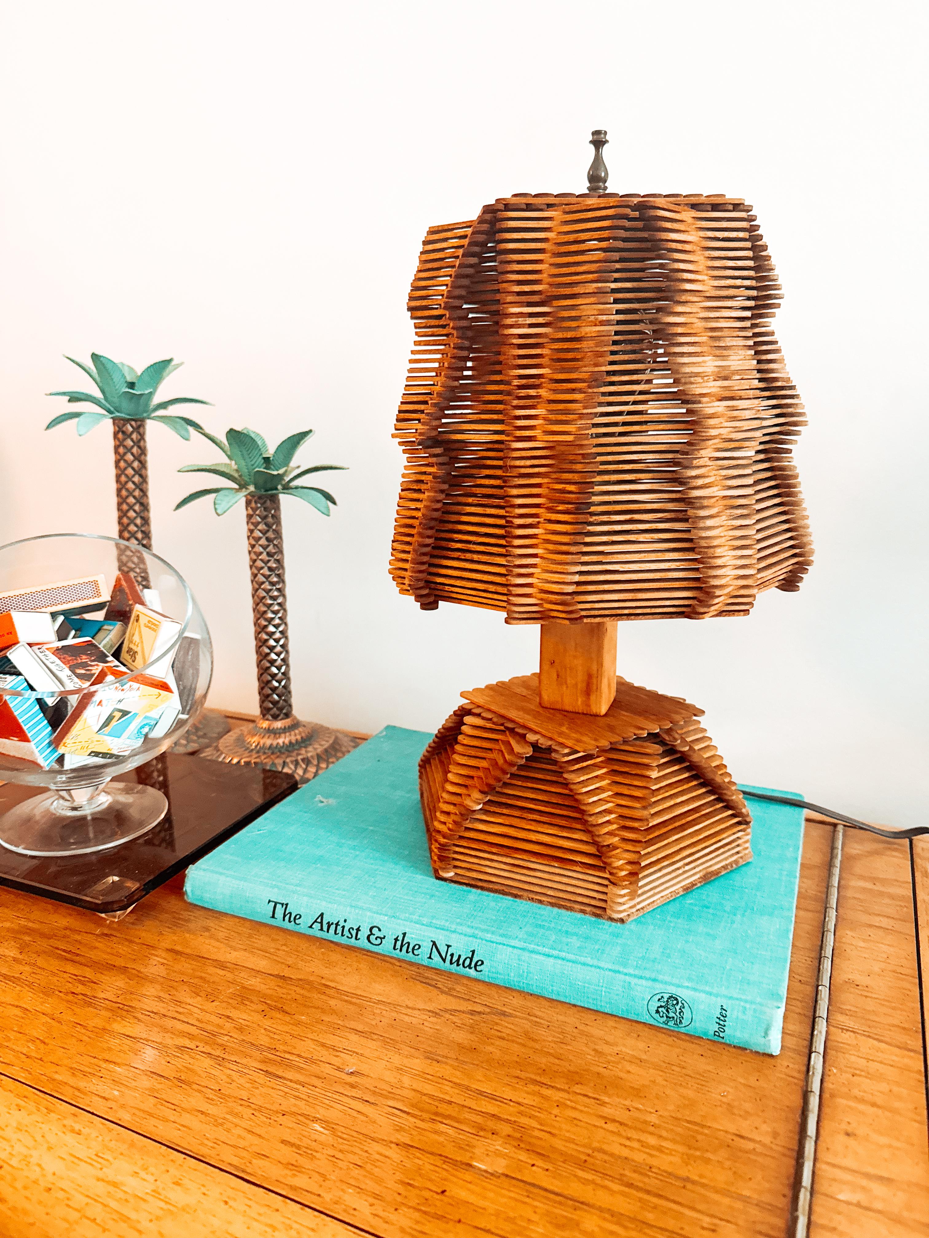 Hand-Crafted Vintage Folk Art Tramp Art Popsicle Stick Table Lamp with Matched Shade Mcm