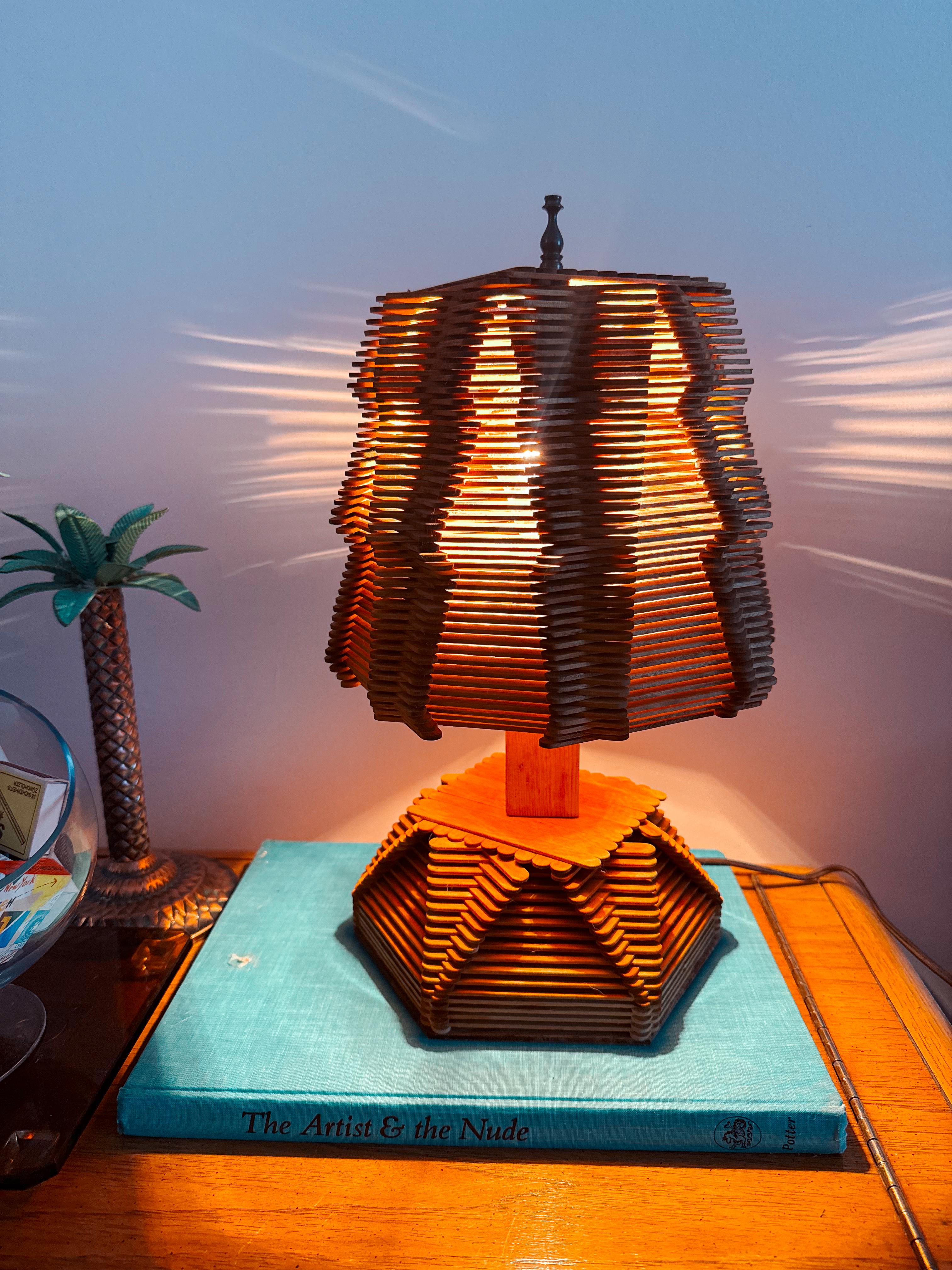 20th Century Vintage Folk Art Tramp Art Popsicle Stick Table Lamp with Matched Shade Mcm