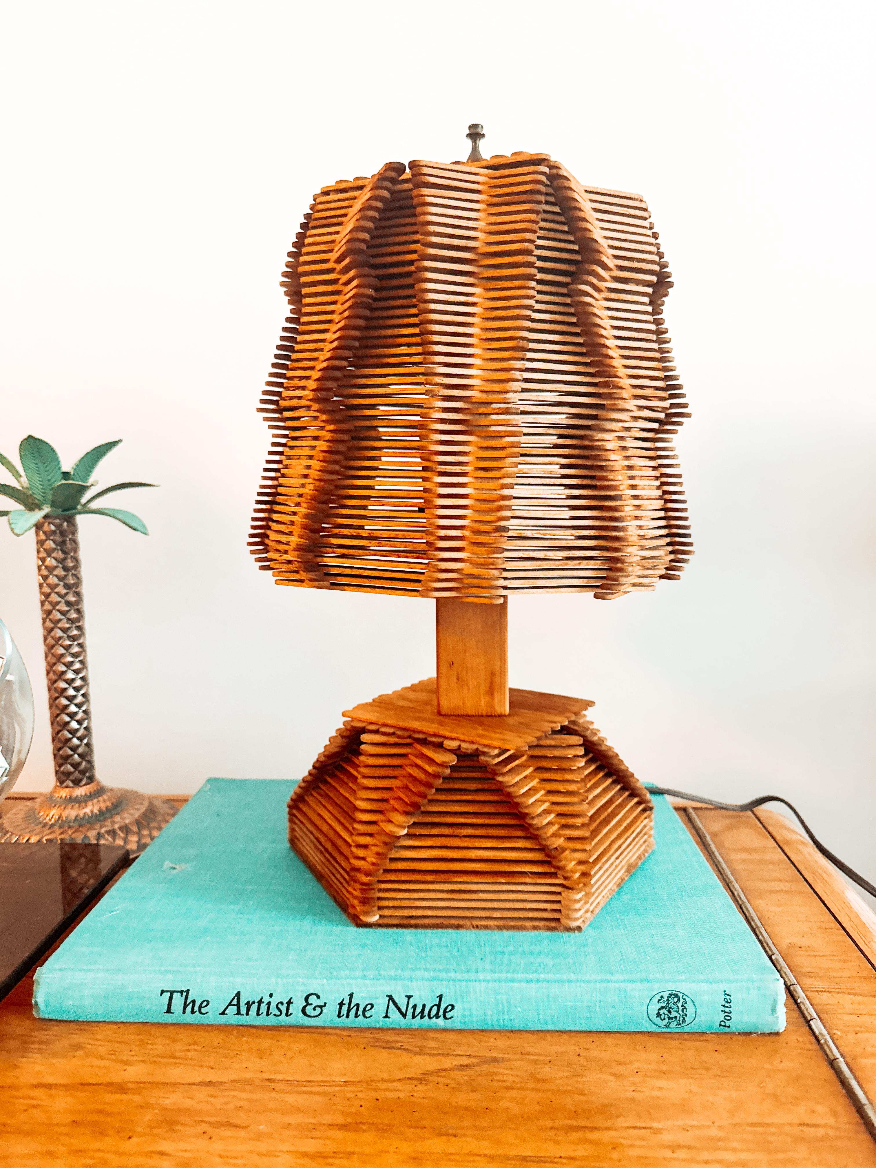 Wood Vintage Folk Art Tramp Art Popsicle Stick Table Lamp with Matched Shade Mcm