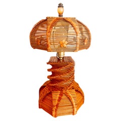 Vintage Folk Art Tramp Art Popsicle Stick Table Lamp with Matched Shade Mcm