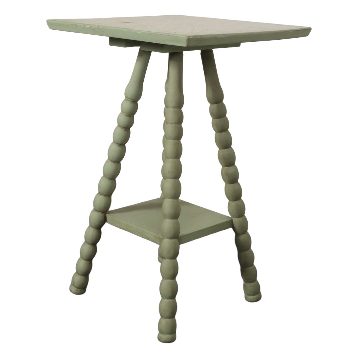 Vintage Folk Art Two Tier Mint Green Bobbin Side Table For Sale