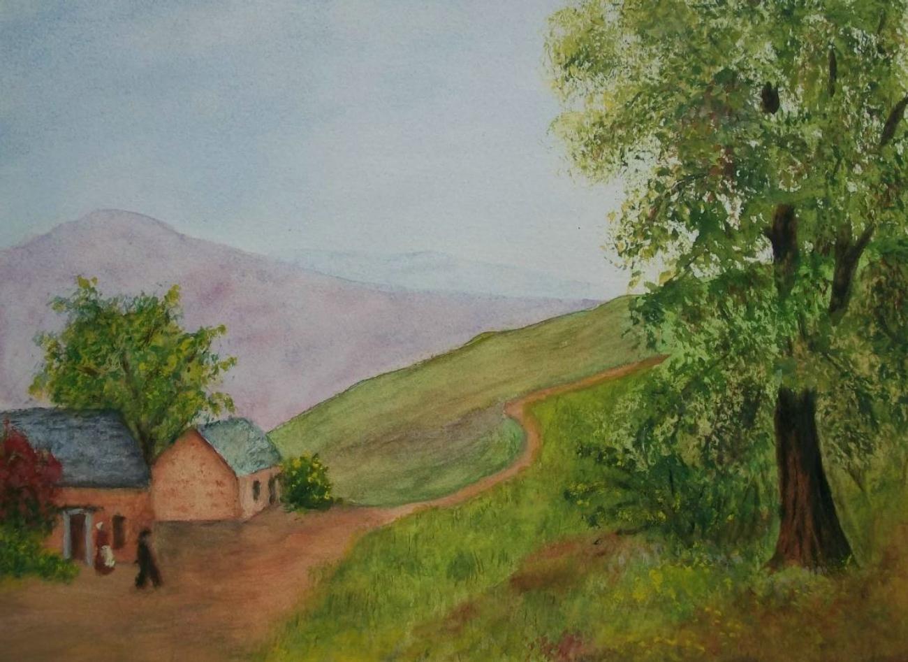 Vintage folk art watercolor landscape painting on paper - unsigned - unframed - Canada - mid 20th century.

Excellent vintage condition - no loss - no damage - no repairs - ready to frame.

Image Size - 11 7/8