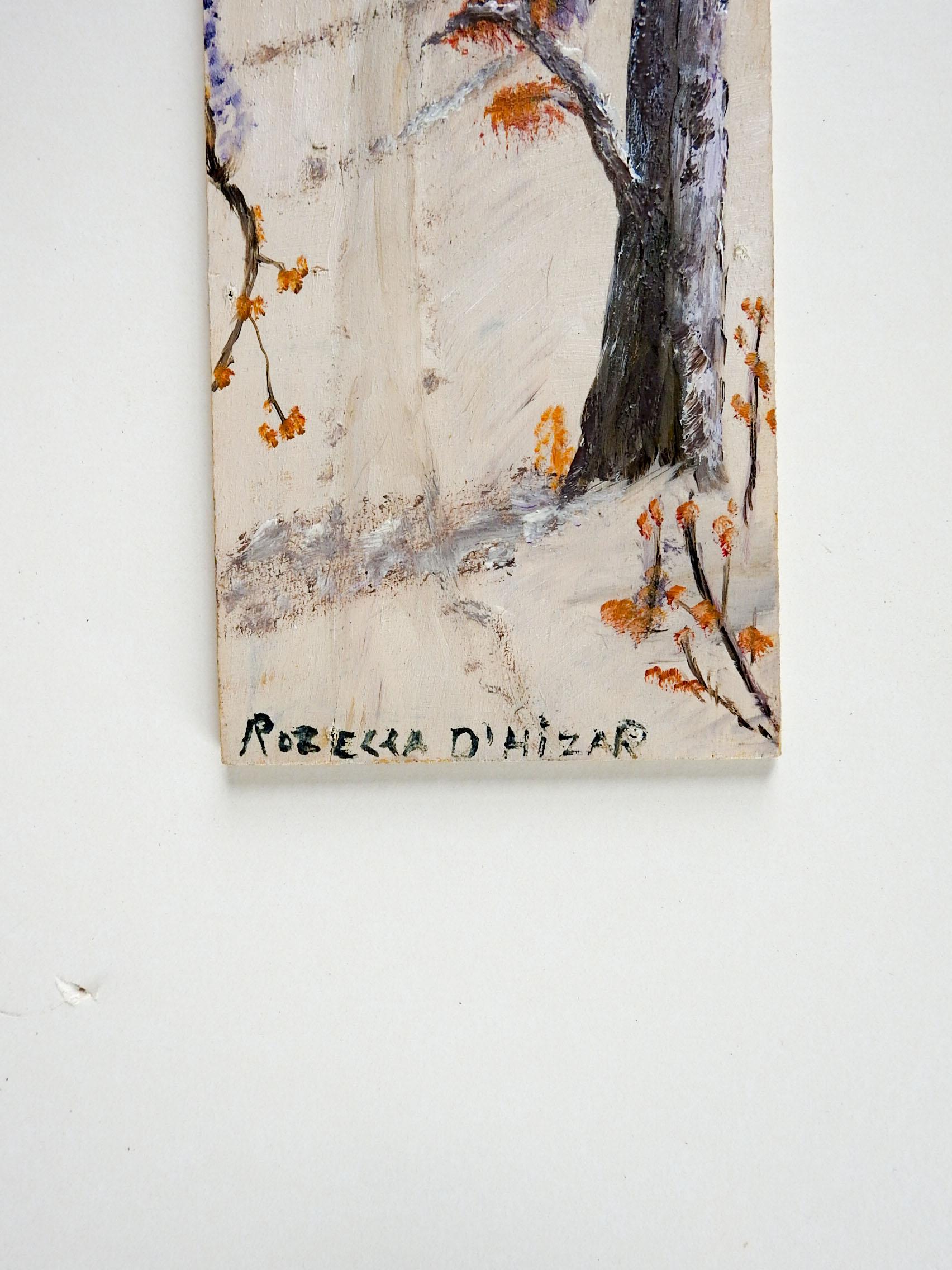 Antike circa 1915 Öl auf Holzbrett Volkskunst Winter Waldszene Malerei, Holz ist von einem alten Tabakkiste. Gezeichnet Rozella D'Hizar. Ungerahmt, Randabrieb.