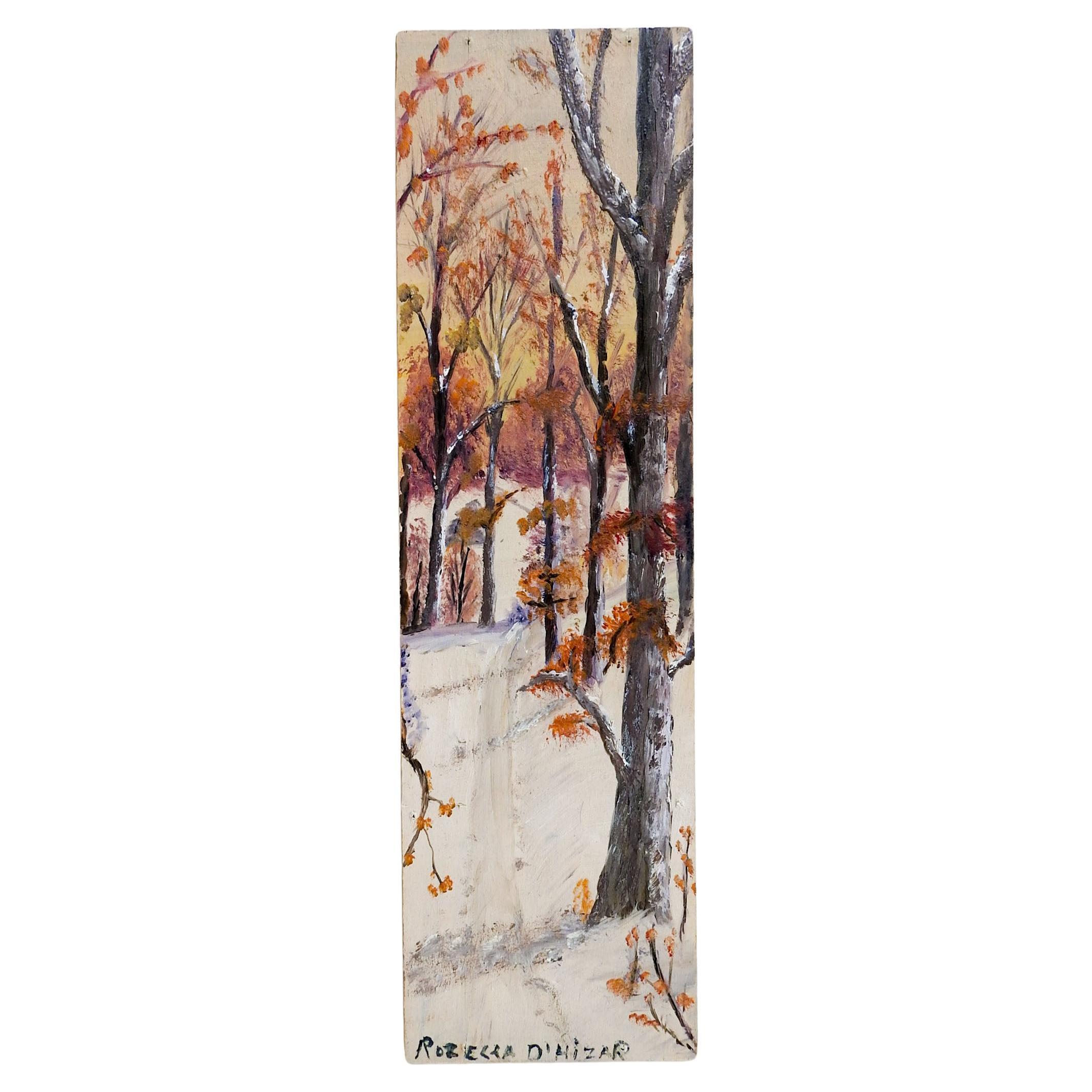 Vintage Folk Art Winter Snow Landscape Long Format Painting For Sale