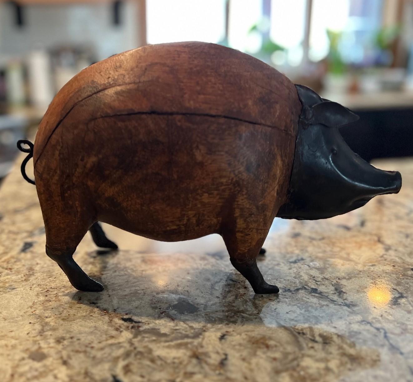 Hand-Crafted Vintage Folk Art Wood and Tinplate Pig