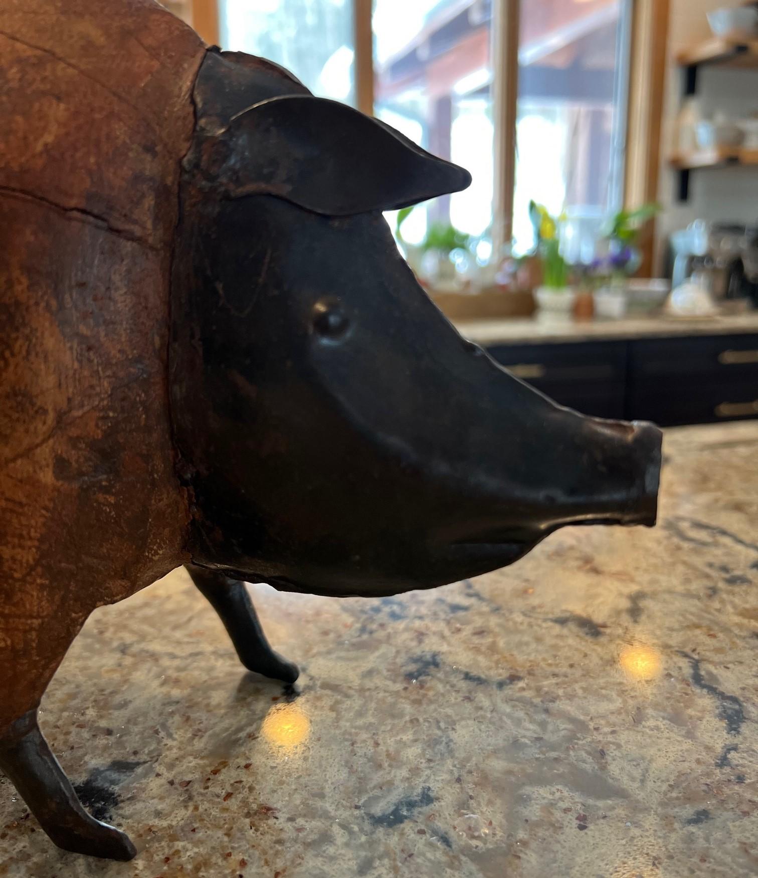Vintage Folk Art Wood and Tinplate Pig In Good Condition In Morristown, NJ