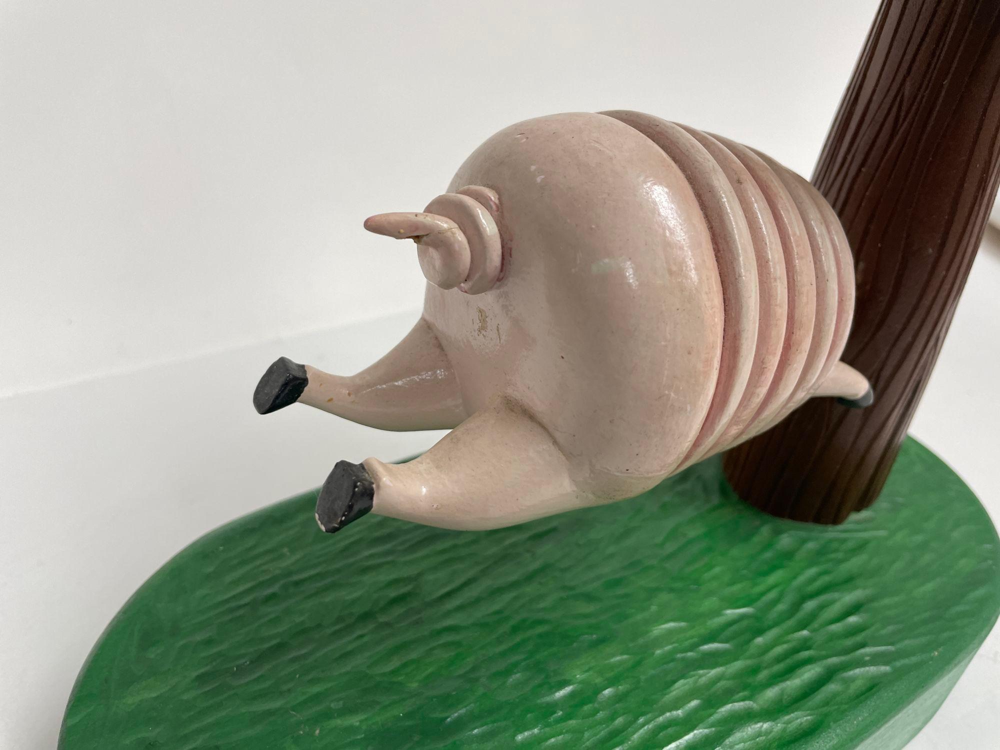 Vintage Folk Art Wood Sculpture of a Pig Running into a Tree by R. Harper 1991 For Sale 4