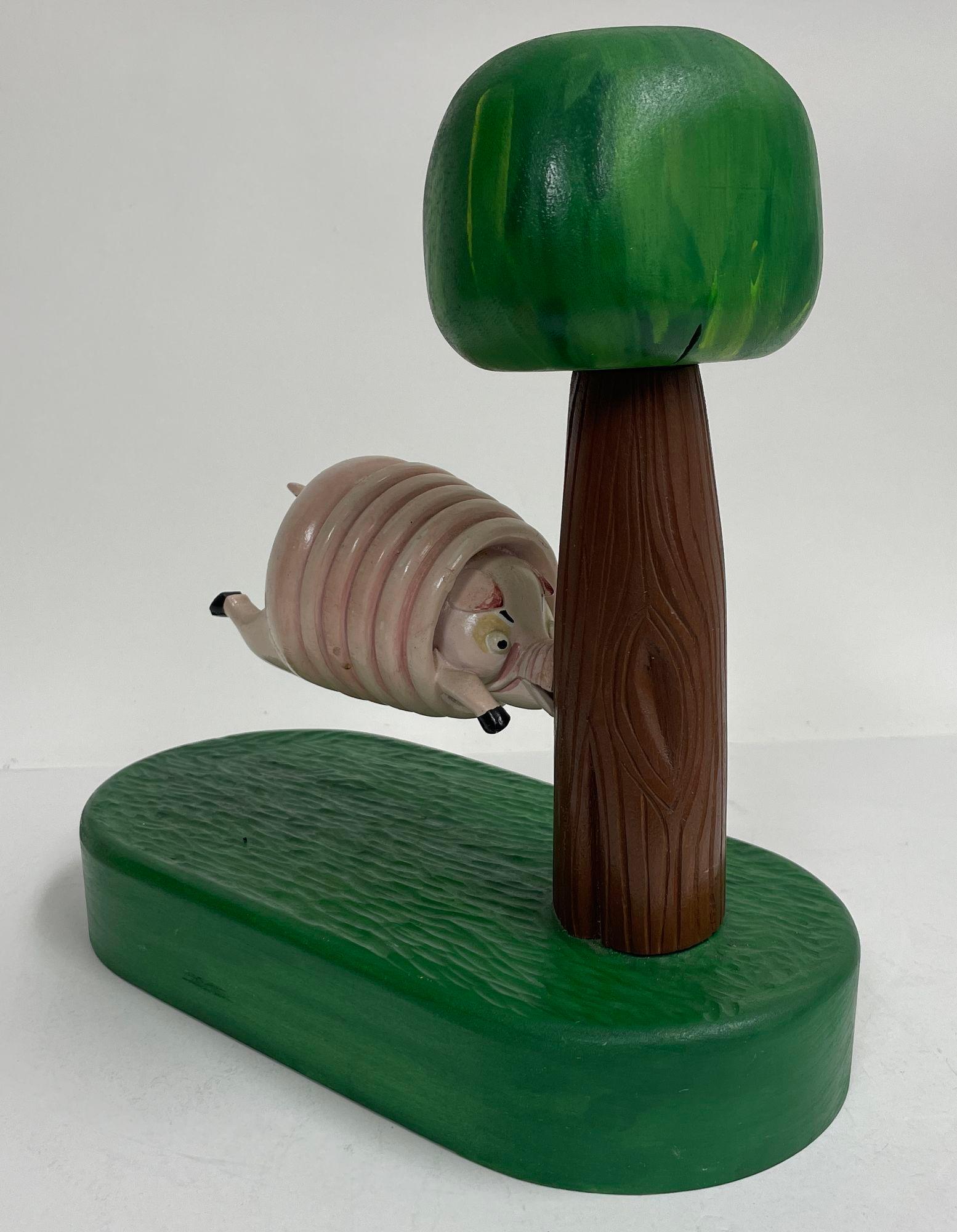 Vintage Folk Art Wood Sculpture of a Pig Running into a Tree by R. Harper 1991 In Good Condition For Sale In North Hollywood, CA