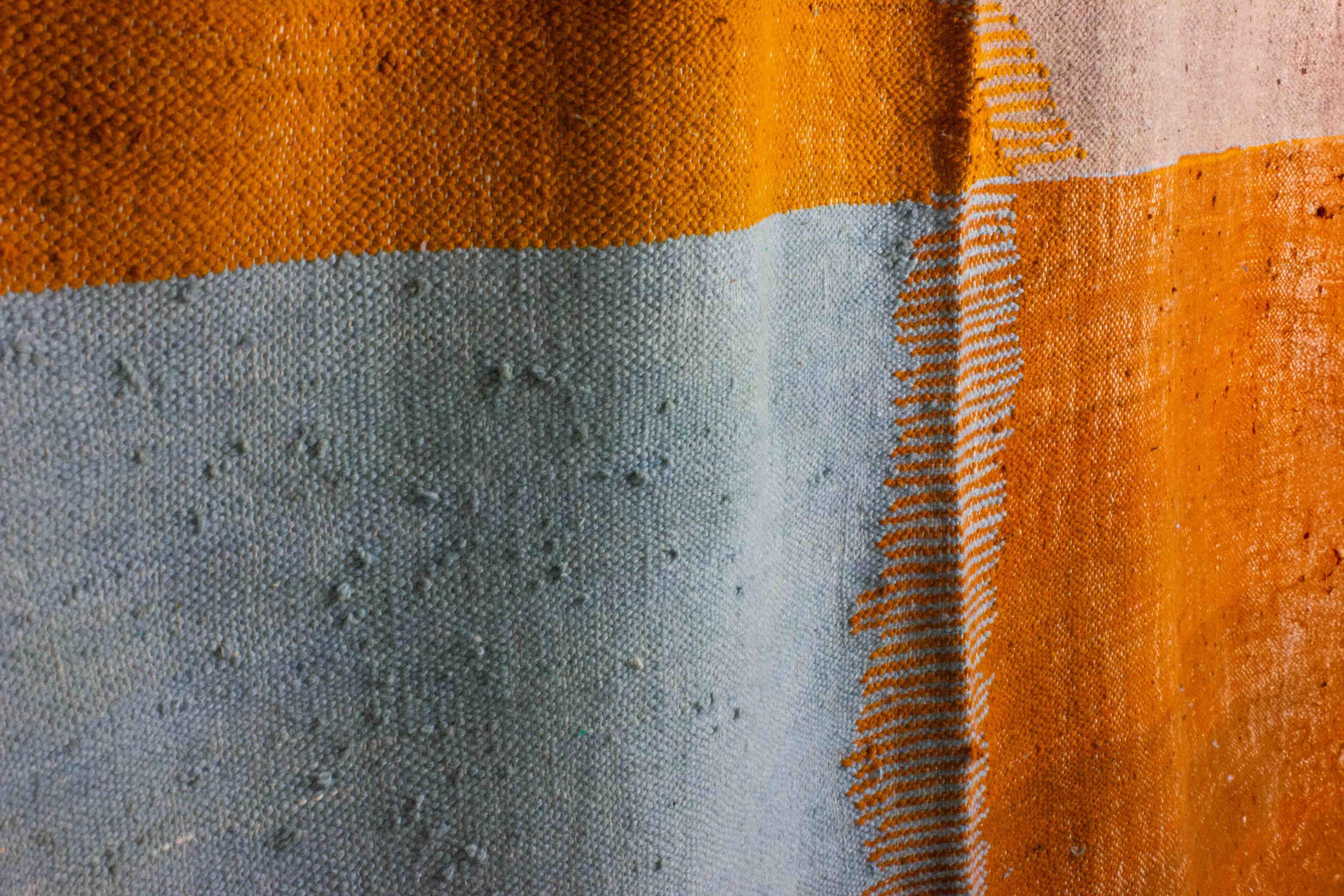 Vintage Folk Art wool berber rug with abstract shapes in blue and orange In Excellent Condition For Sale In Antwerpen, VAN