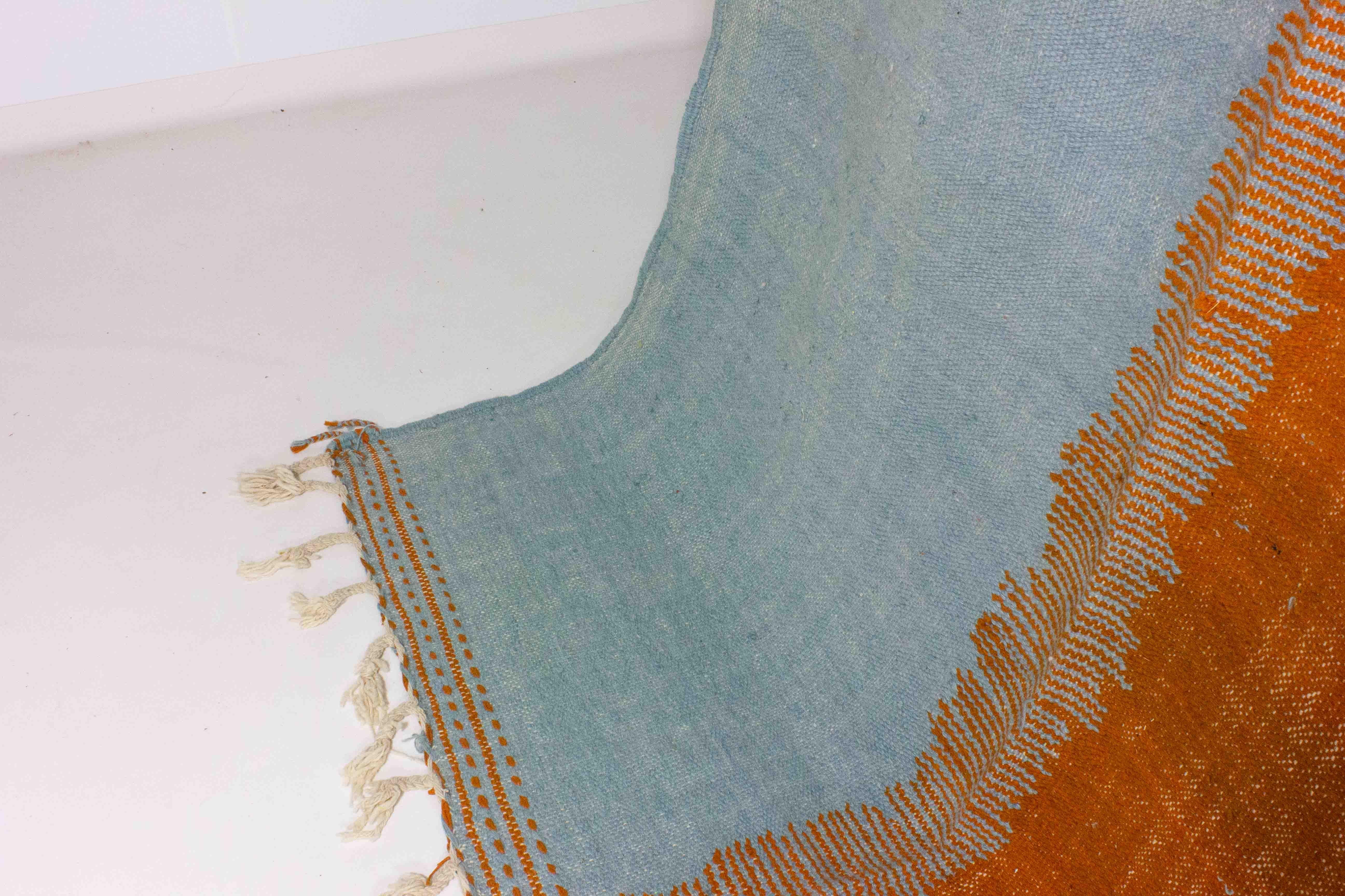 Late 20th Century Vintage Folk Art wool berber rug with abstract shapes in blue and orange For Sale