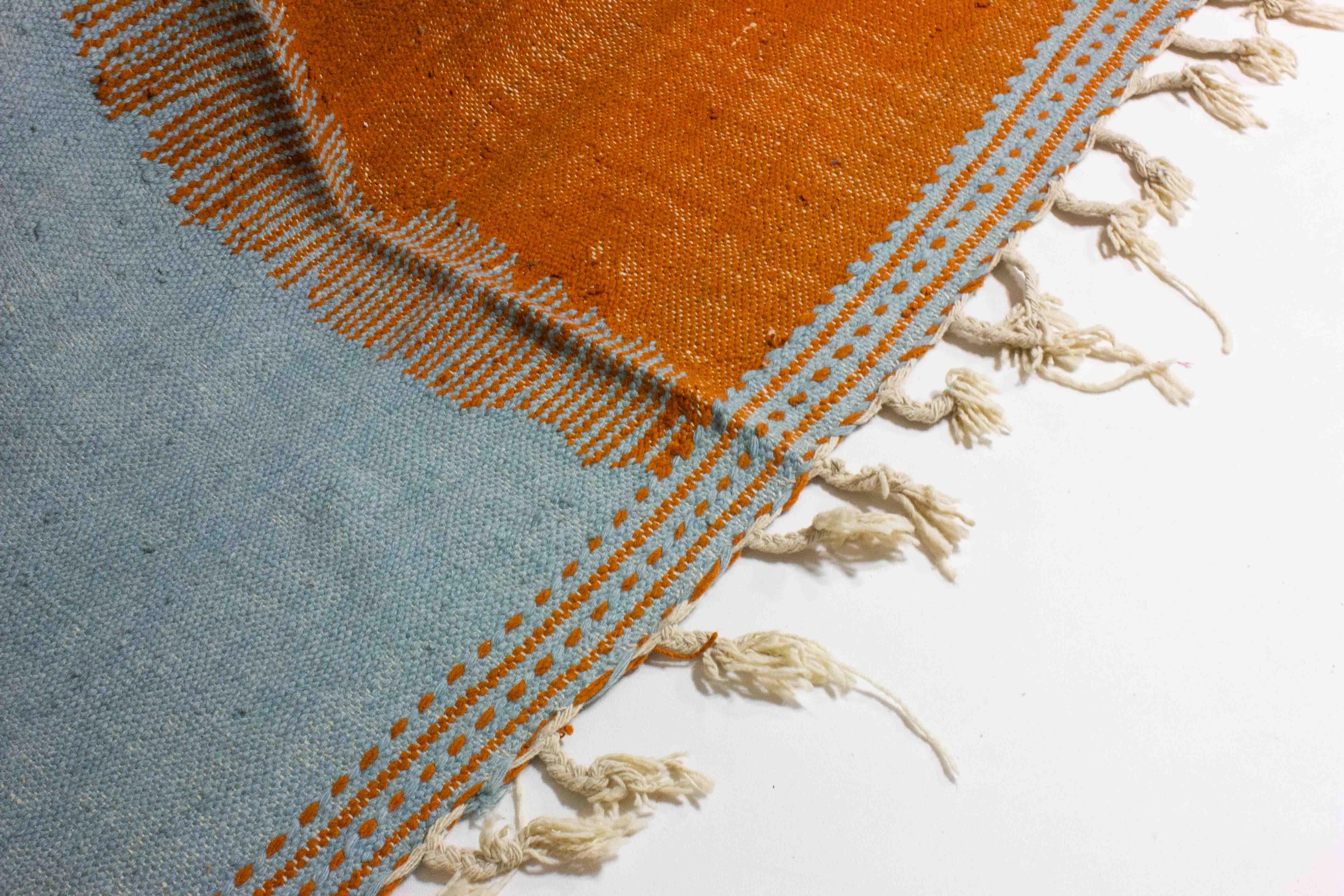 Wool Vintage Folk Art wool berber rug with abstract shapes in blue and orange For Sale