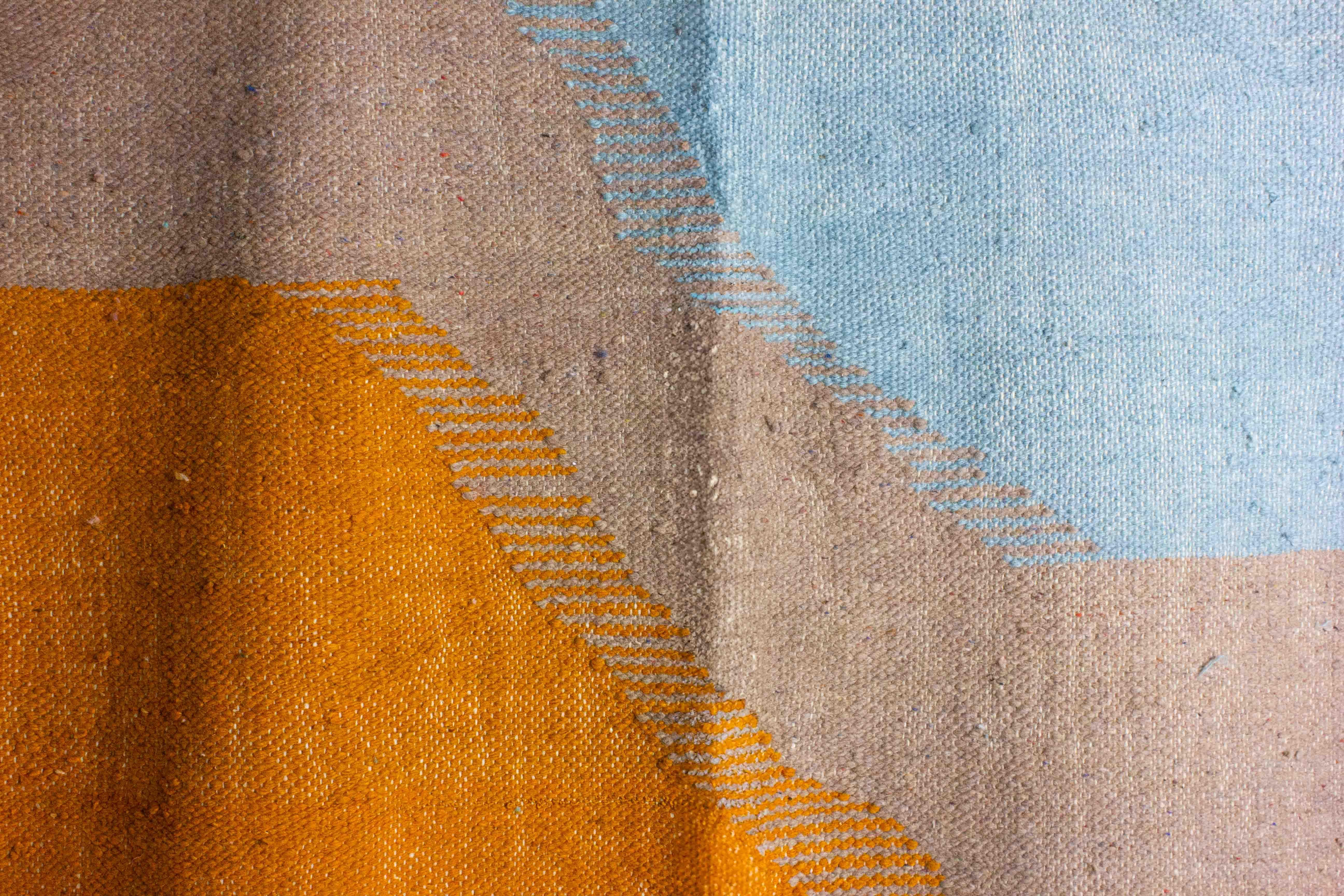 Vintage Folk Art wool berber rug with abstract shapes in blue and orange For Sale 1