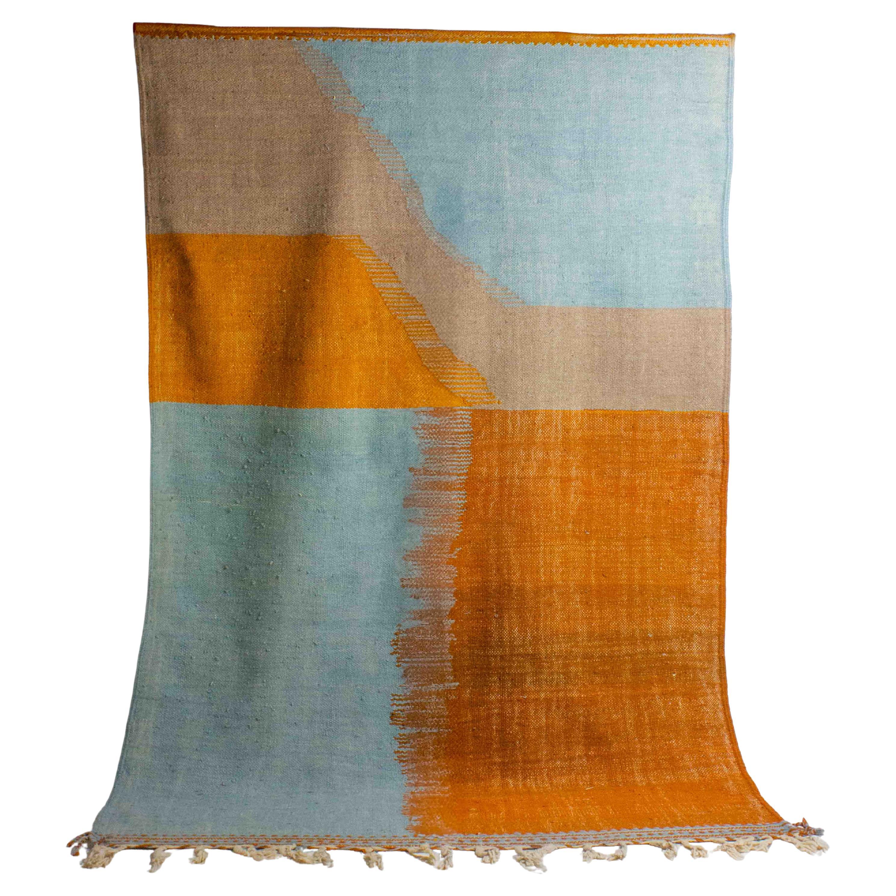 Vintage Folk Art wool berber rug with abstract shapes in blue and orange