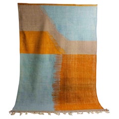 Tapis berbère vintage d'art populaire avec des formes abstraites en bleu et orange
