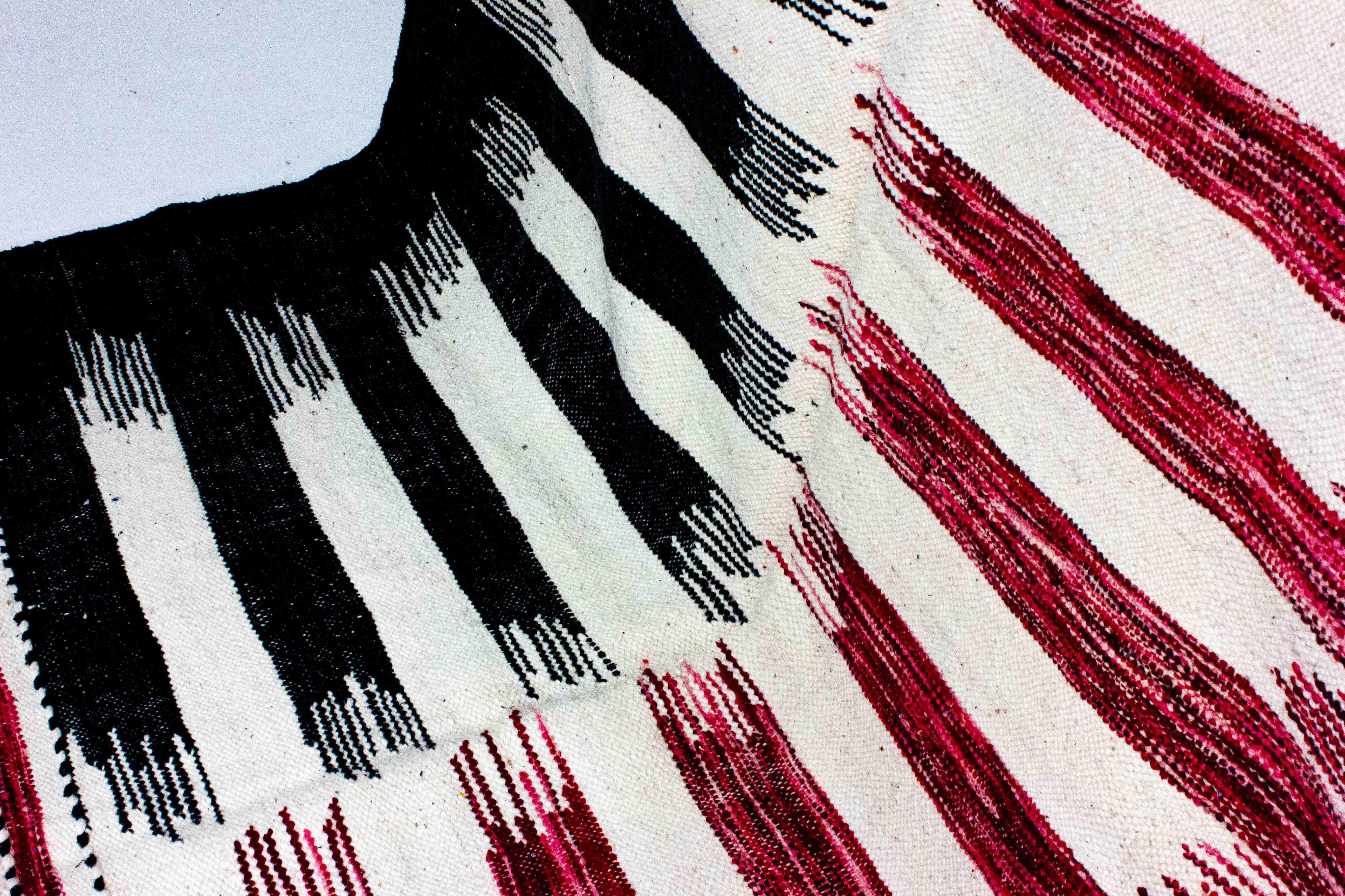 Vintage folk art wool berber rug with zig zag pattern in black and red in vendita 1