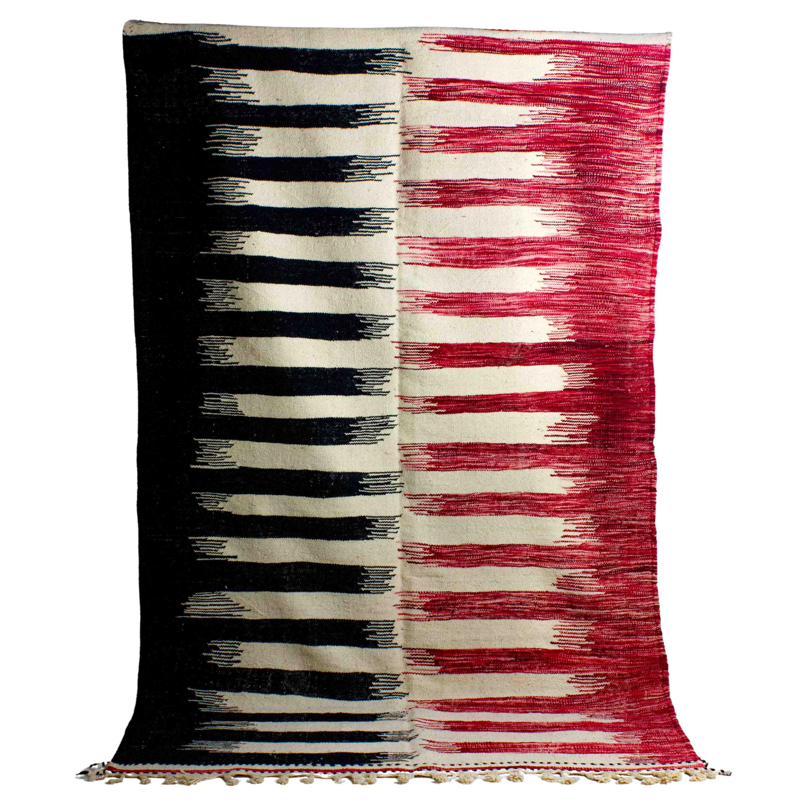 Vintage folk art wool berber rug with zig zag pattern in black and red