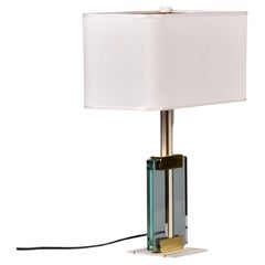 Vintage Fontana Arte Brass + Glass Lamp with White Base and Original Shade