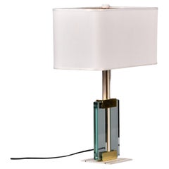 Vintage Fontana Arte Brass + Glass Lamp with White Base and Original Shade
