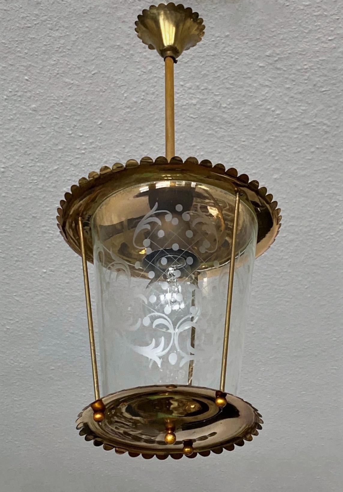 Vintage Fontana Arte Clear Etched Glass and Brass Lantern, Italy, 1950s 6