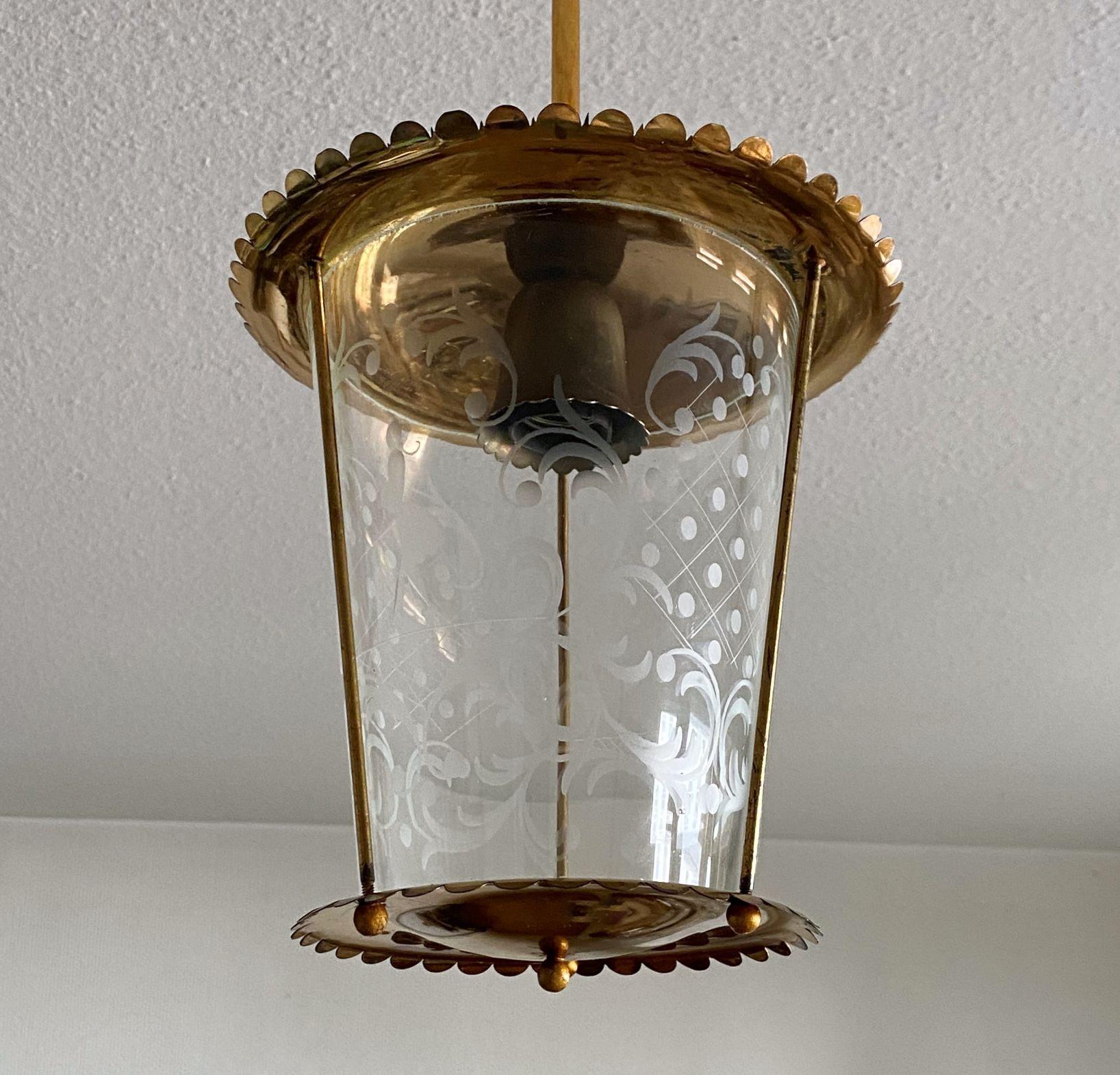 Vintage Fontana Arte Clear Etched Glass and Brass Lantern, Italy, 1950s 7