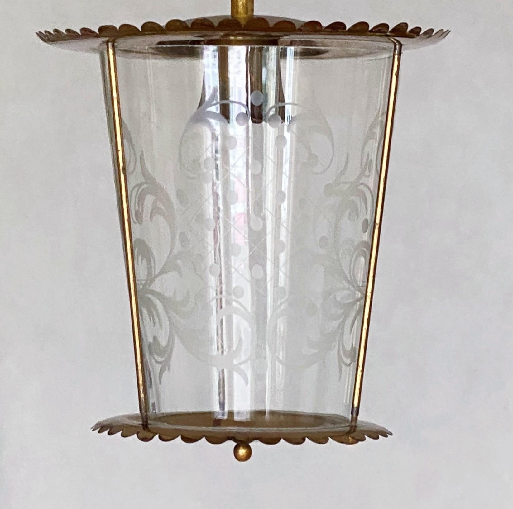 Vintage Fontana Arte Clear Etched Glass and Brass Lantern, Italy, 1950s 8