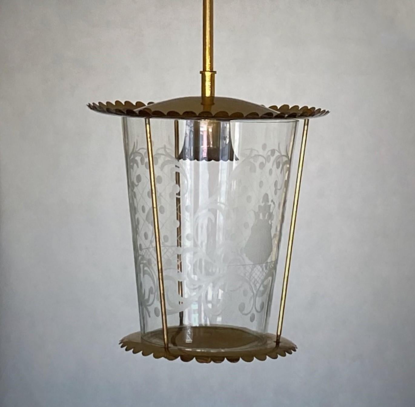 Vintage Fontana Arte Clear Etched Glass and Brass Lantern, Italy, 1950s 9