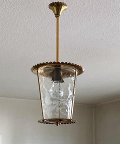 Vintage Fontana Arte Clear Etched Glass and Brass Lantern, Italy, 1950s