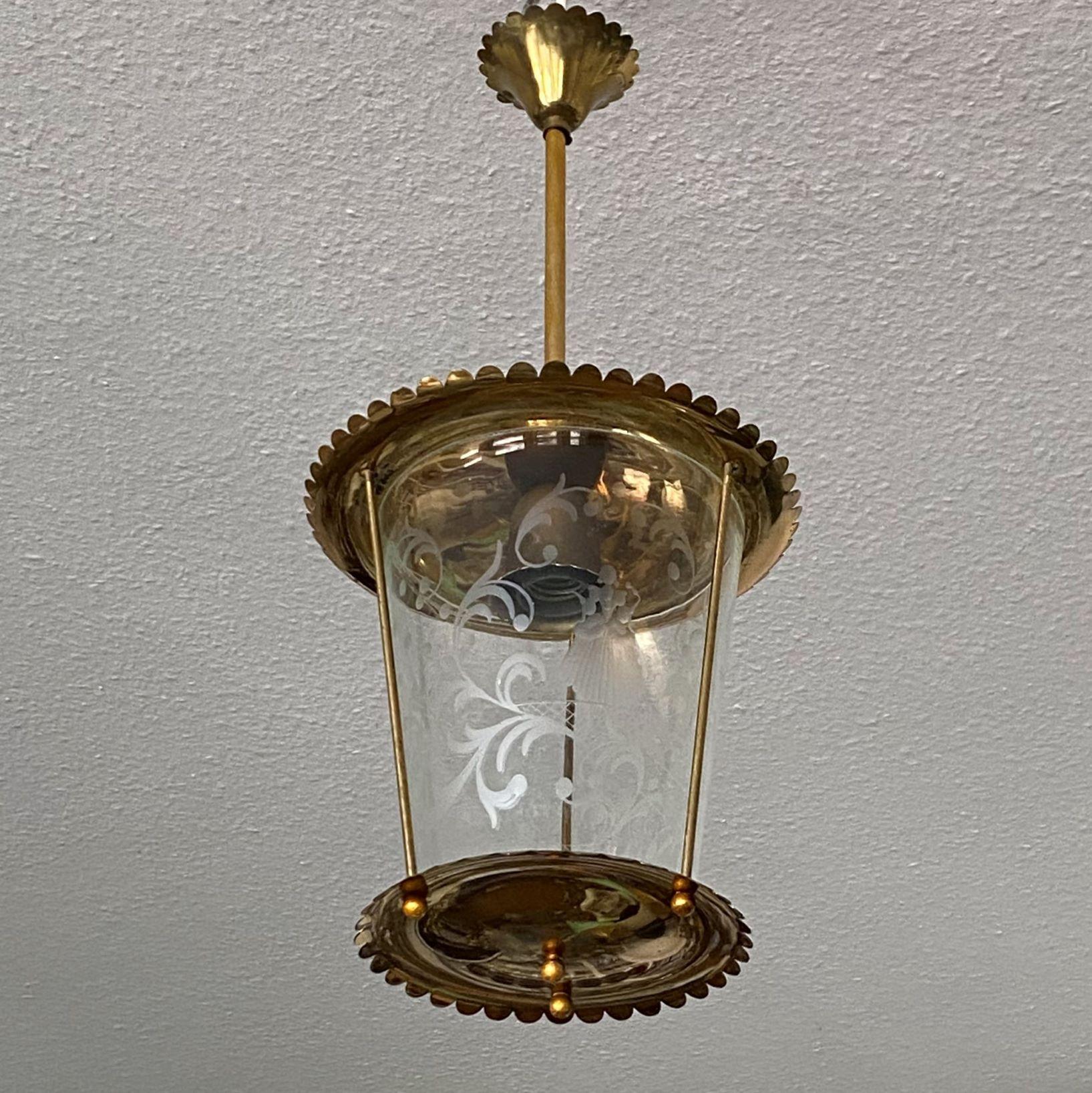 Vintage Fontana Arte Clear Etched Glass and Brass Lantern, Italy, 1950s 2