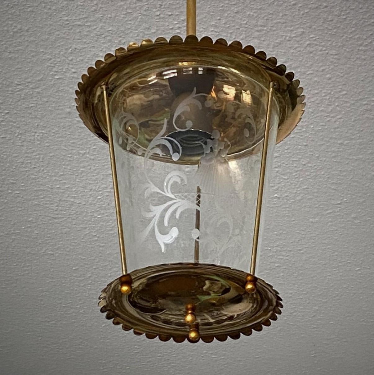 Vintage Fontana Arte Clear Etched Glass and Brass Lantern, Italy, 1950s 3
