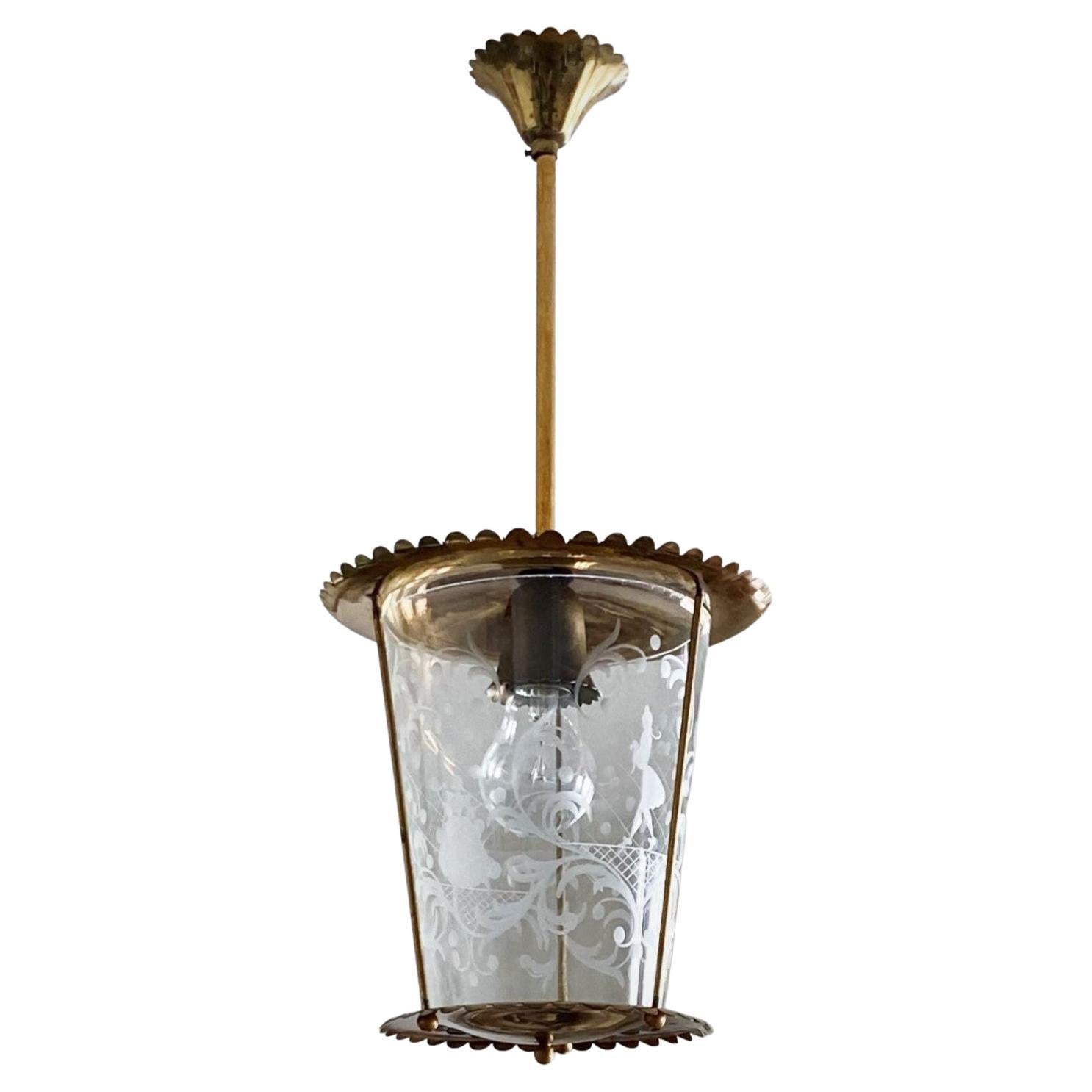 Vintage Fontana Arte Clear Etched Glass and Brass Lantern, Italy, 1950s