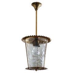 Vintage Fontana Arte Clear Etched Glass and Brass Lantern, Pendant, Italy, 1950s
