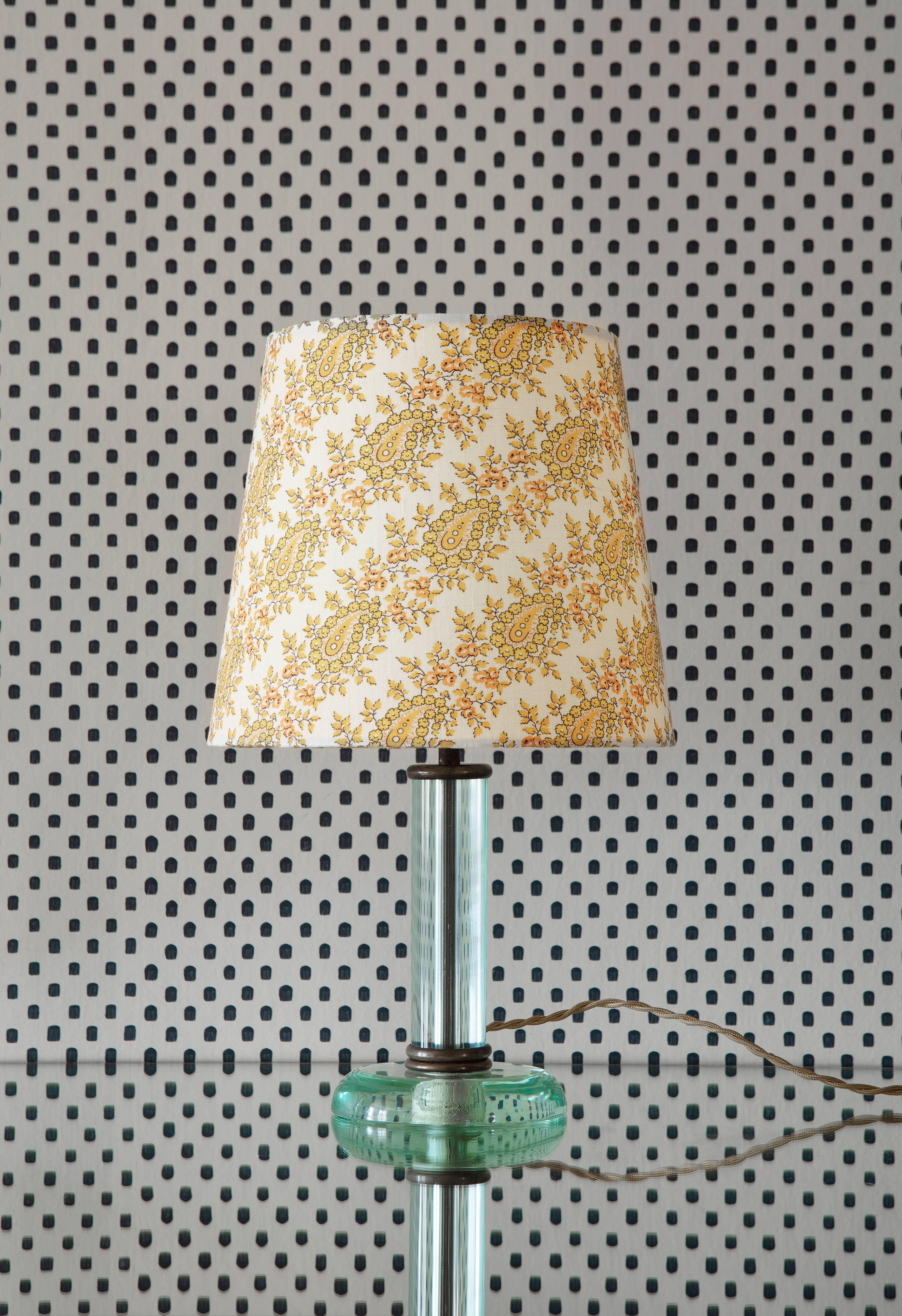 Lovely Fontana Arte table lamp in glass with brass fitting. New lamp shade in African textile.