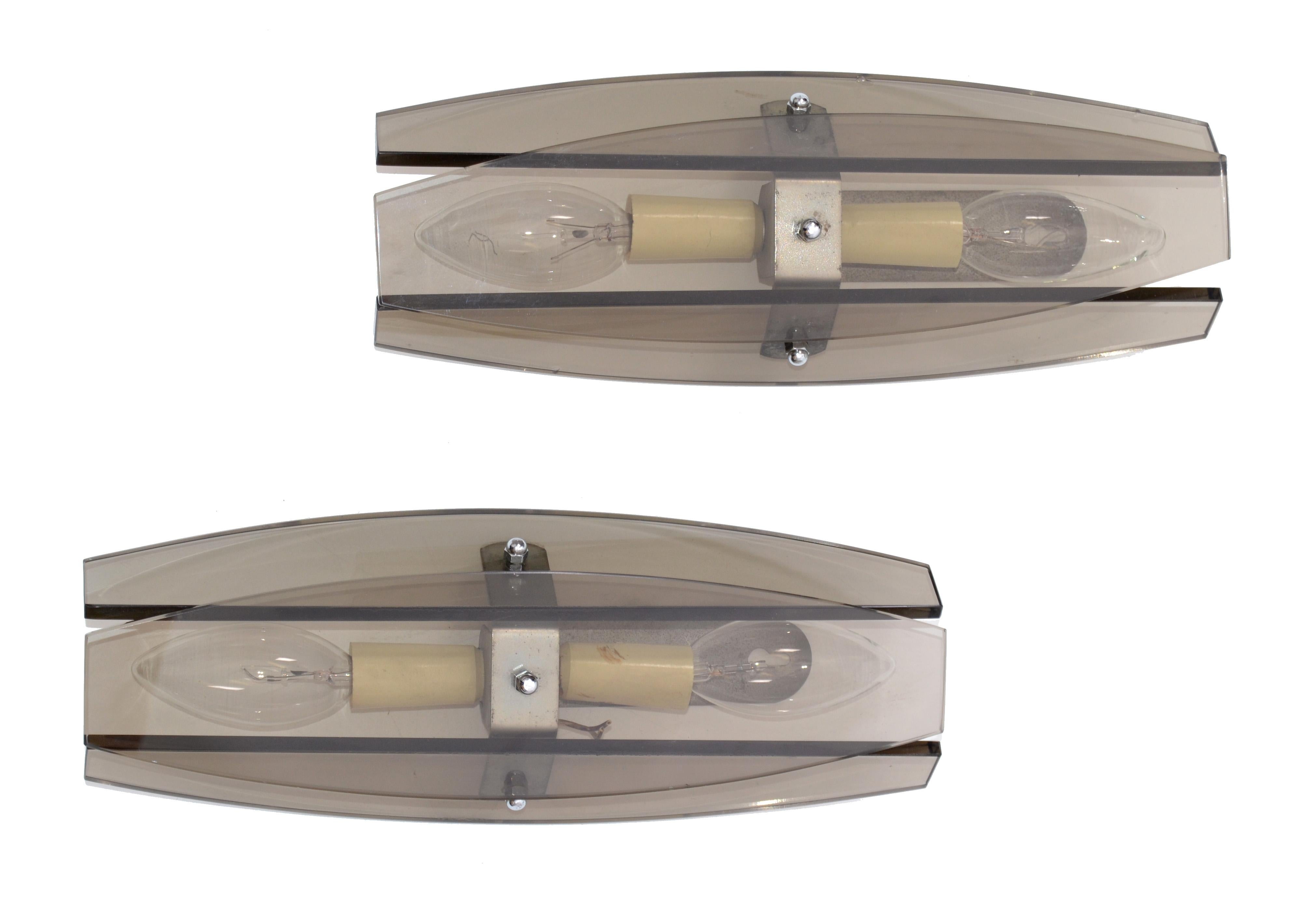 Mid-Century Modern Vintage Fontana Arte Style Sconces, Wall Lights, Italy, 1970, Pair For Sale