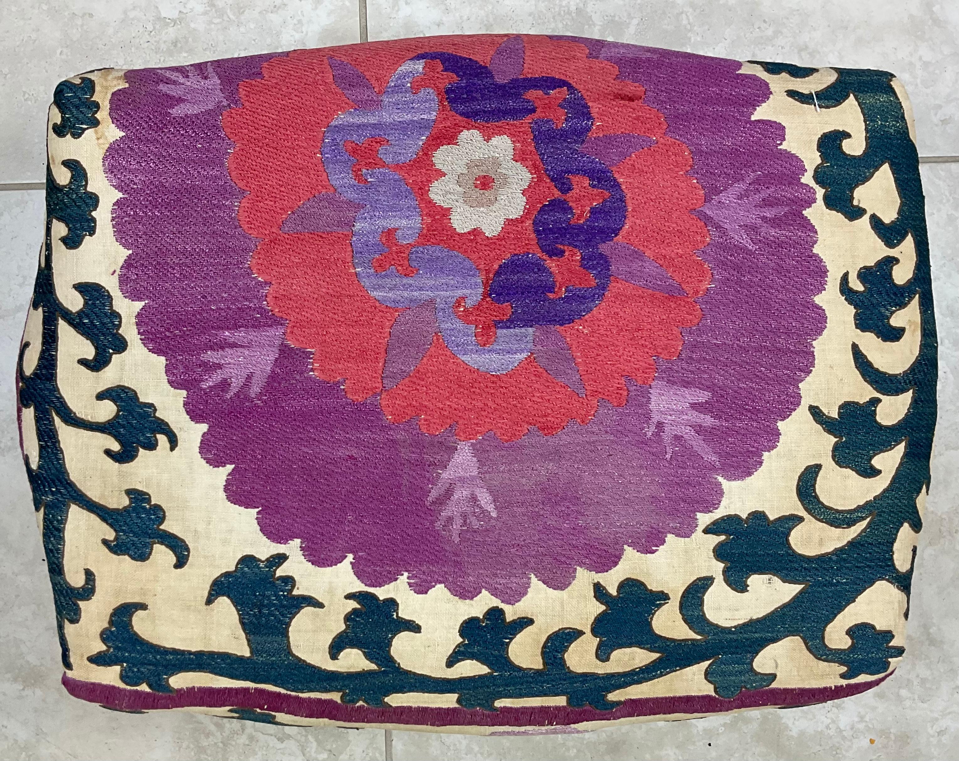 Vintage Foot Stool Upholstered with Antique Suzani Textile For Sale 4