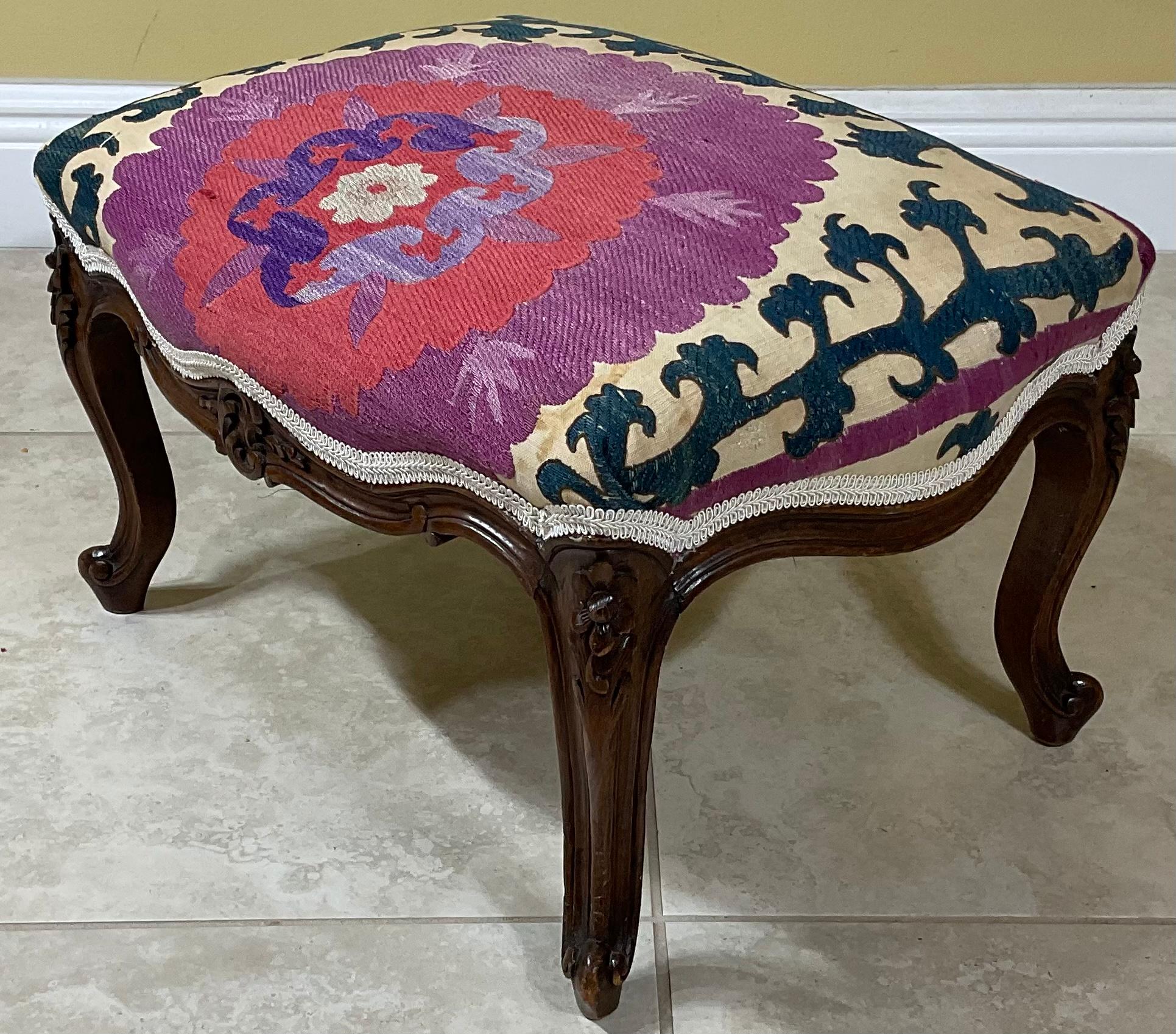 Vintage Foot Stool Upholstered with Antique Suzani Textile For Sale 5