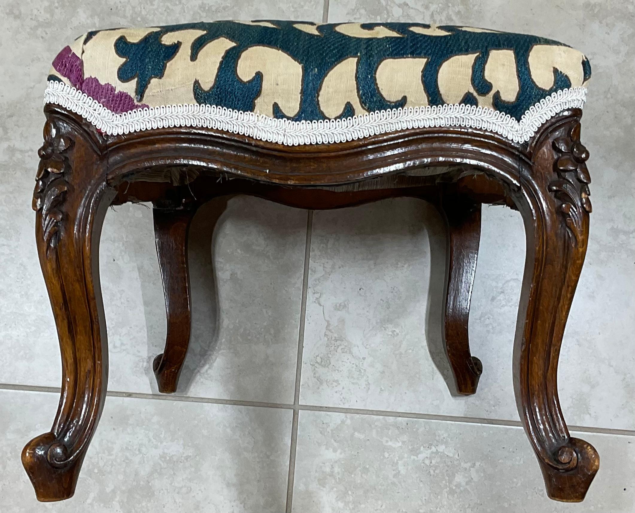 American Vintage Foot Stool Upholstered with Antique Suzani Textile For Sale