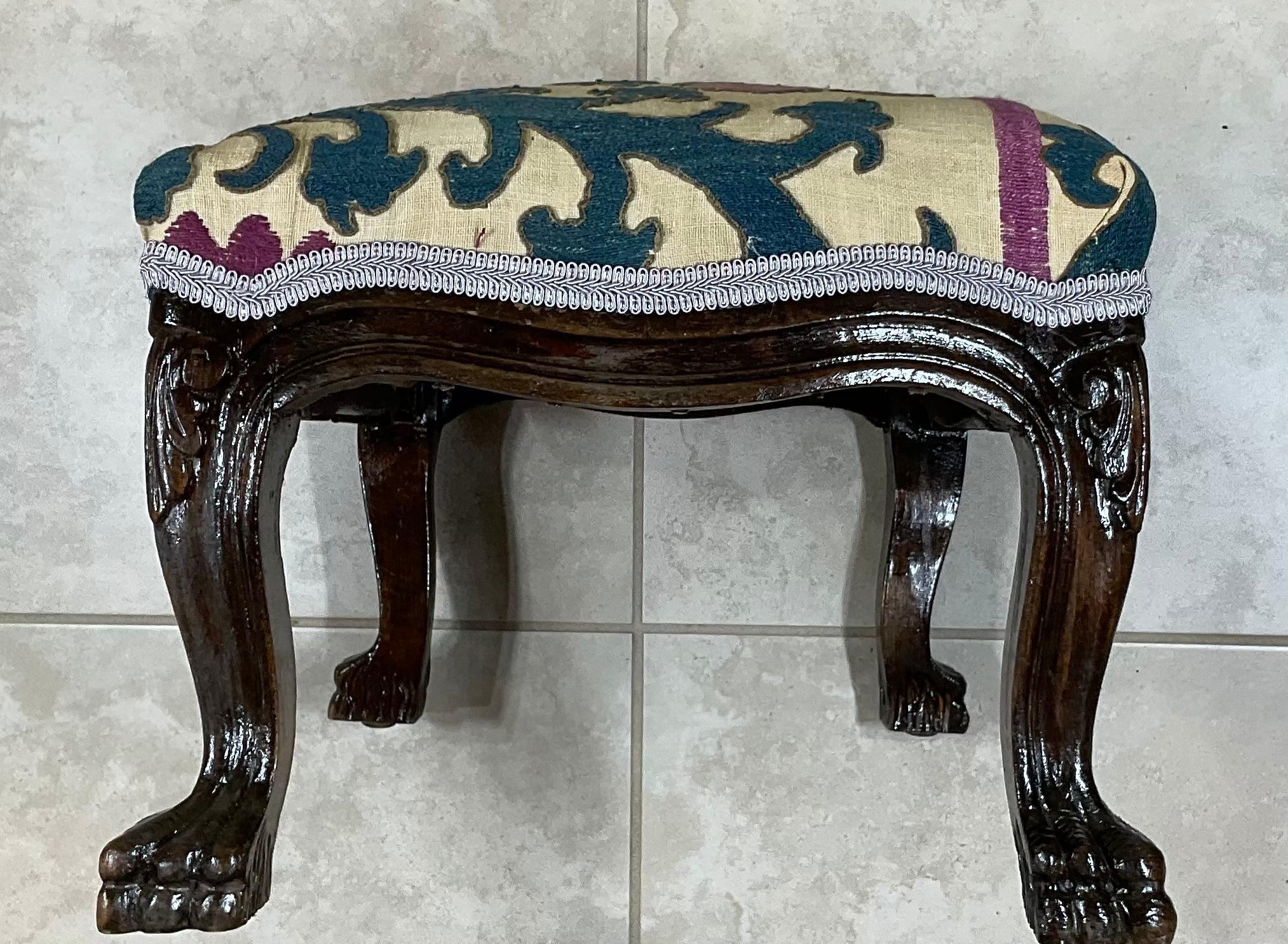 American Vintage Foot Stool Upholstered with Antique Suzani Textile
