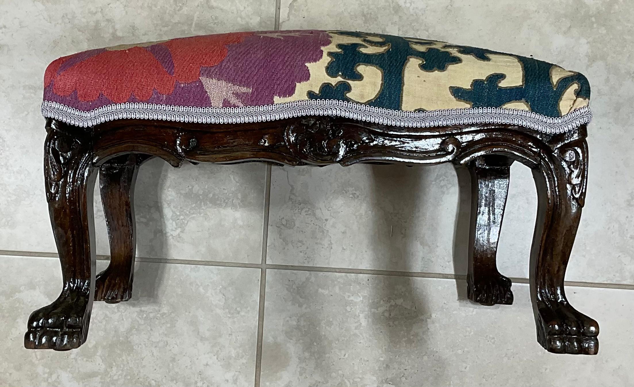 Hand-Carved Vintage Foot Stool Upholstered with Antique Suzani Textile