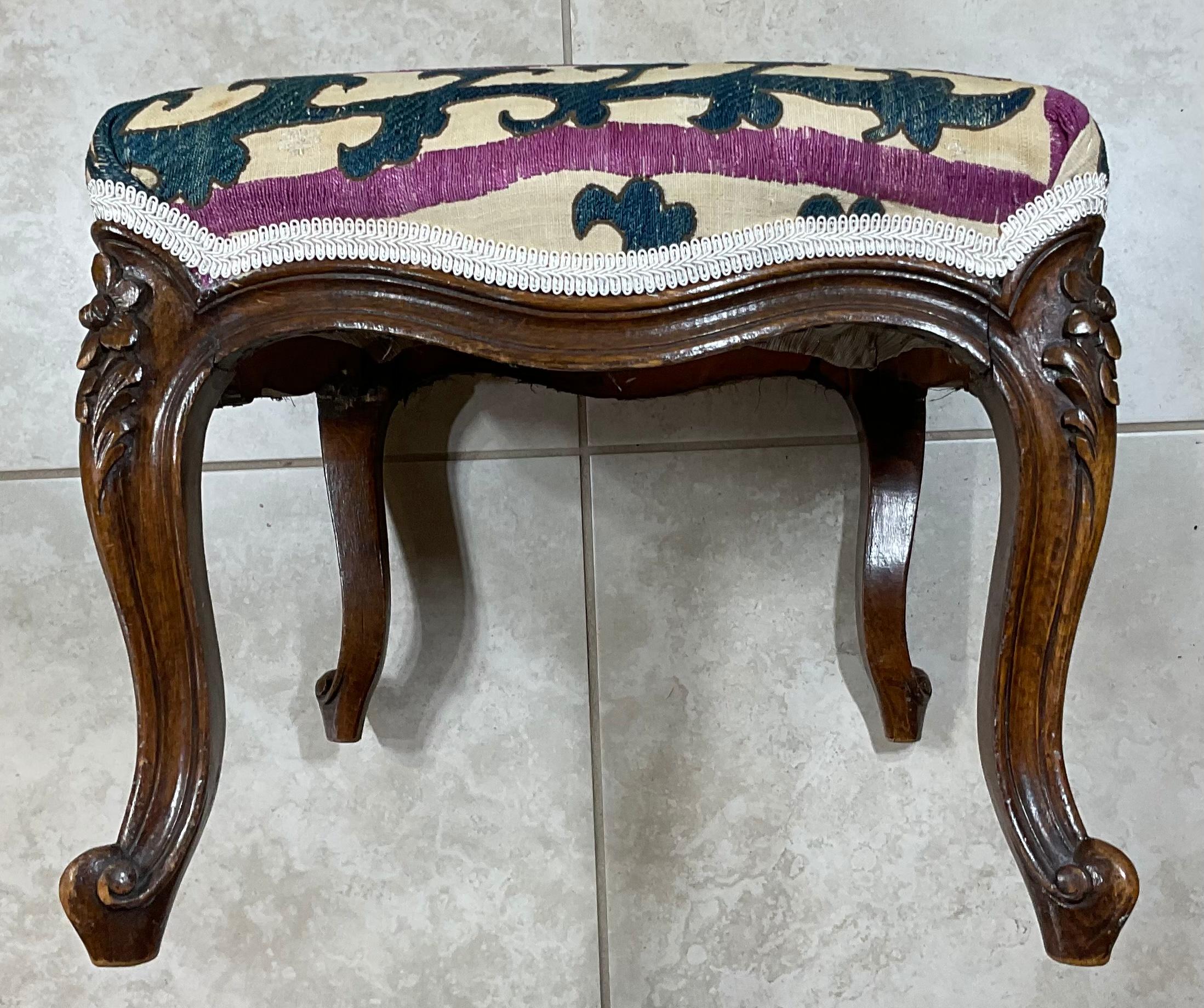 Mid-20th Century Vintage Foot Stool Upholstered with Antique Suzani Textile For Sale