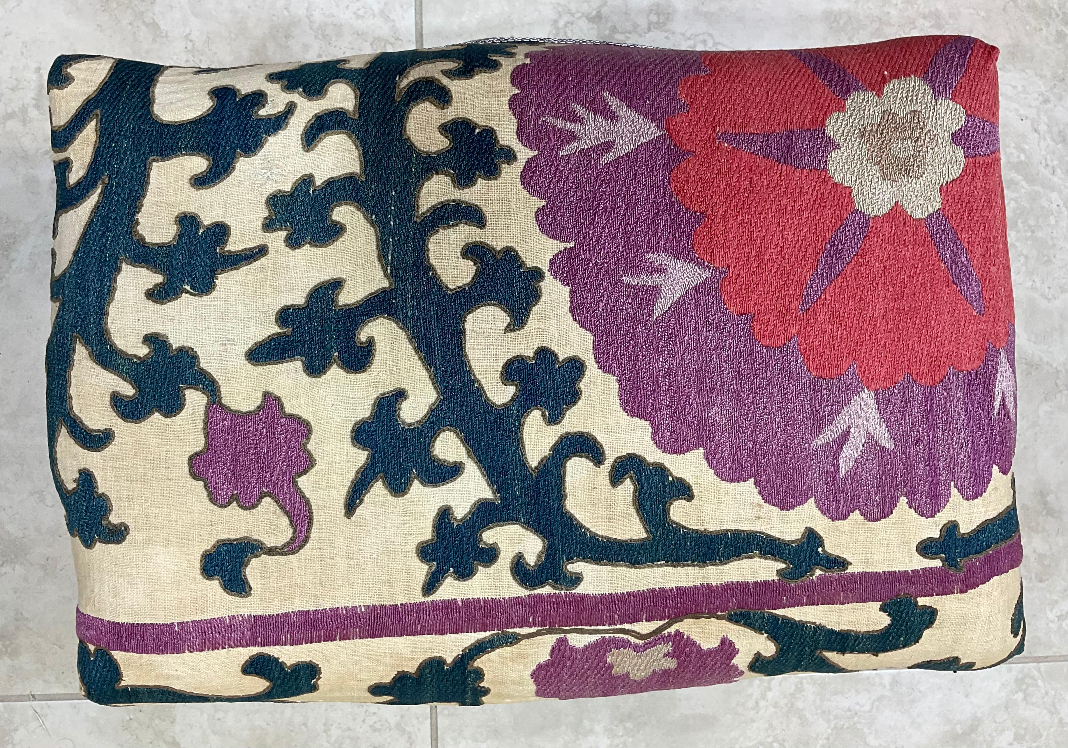 Mid-20th Century Vintage Foot Stool Upholstered with Antique Suzani Textile