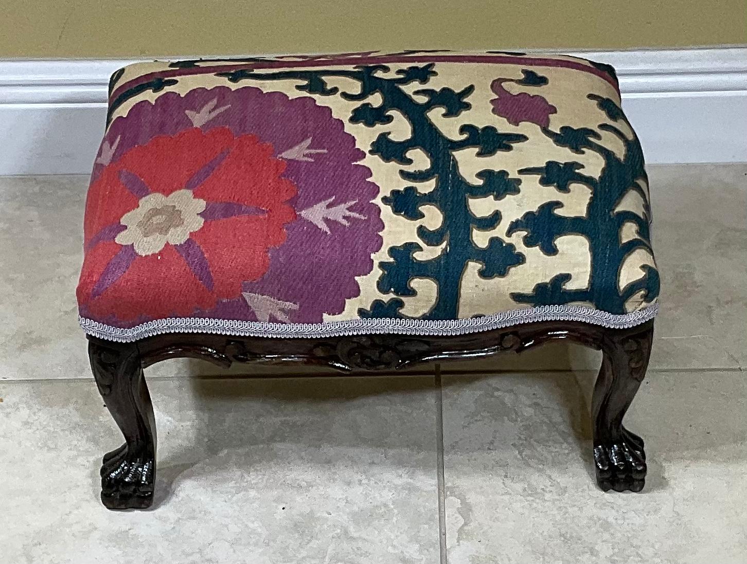 Cotton Vintage Foot Stool Upholstered with Antique Suzani Textile