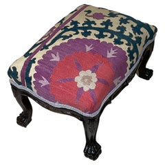 Vintage Foot Stool Upholstered with Antique Suzani Textile