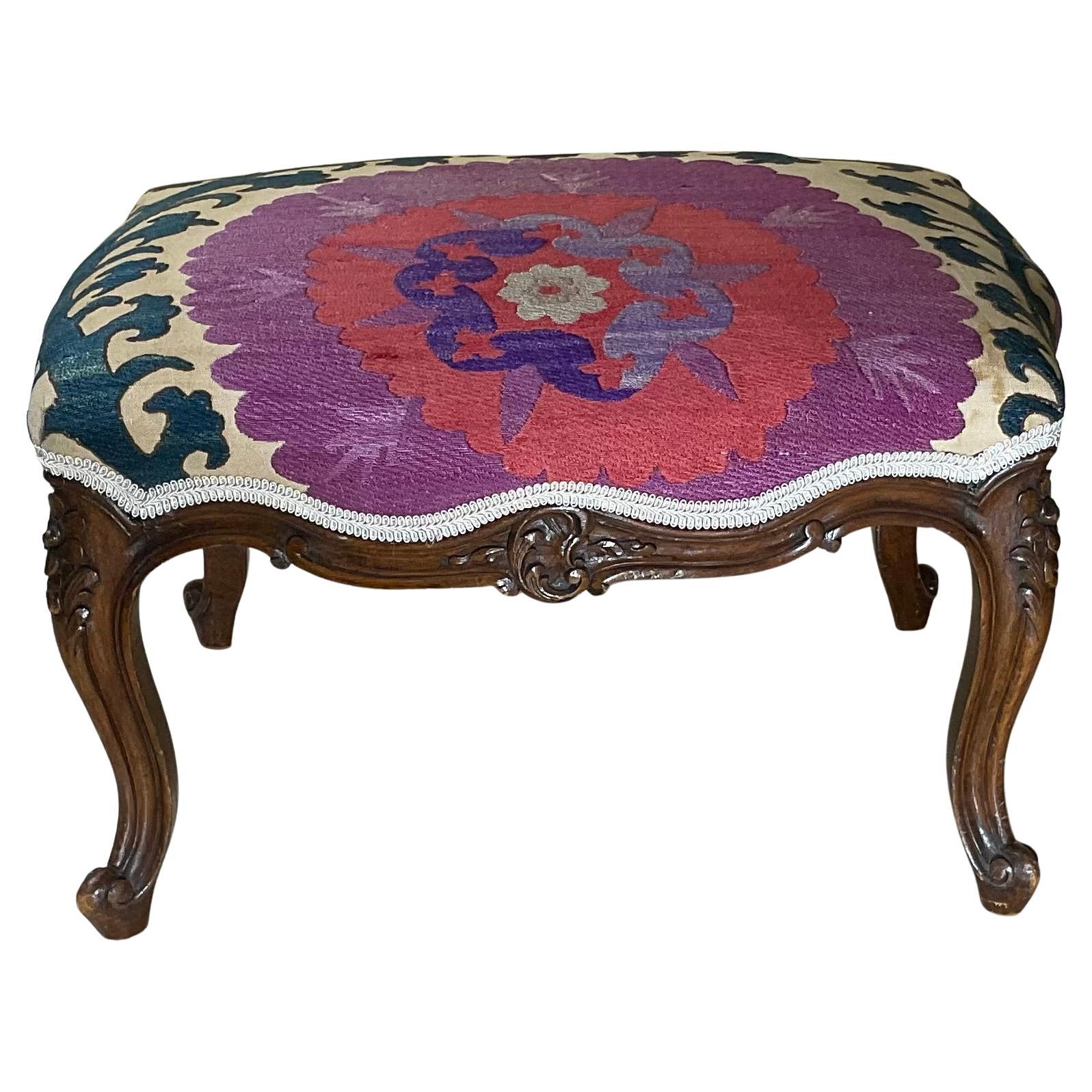 Vintage Foot Stool Upholstered with Antique Suzani Textile For Sale
